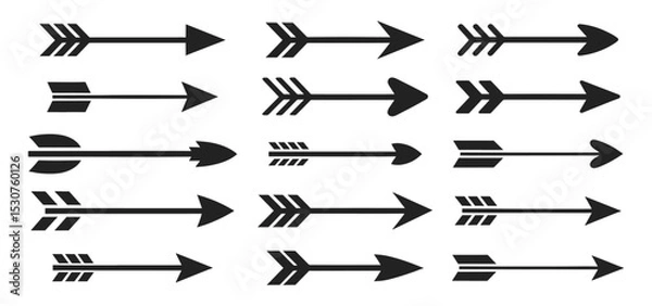 Fototapeta Set of black silhouette arrows with varied head and tail shapes, vector illustration.