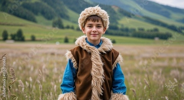 Obraz Young boy in furlined shepherd costume standing on puszta grassland background