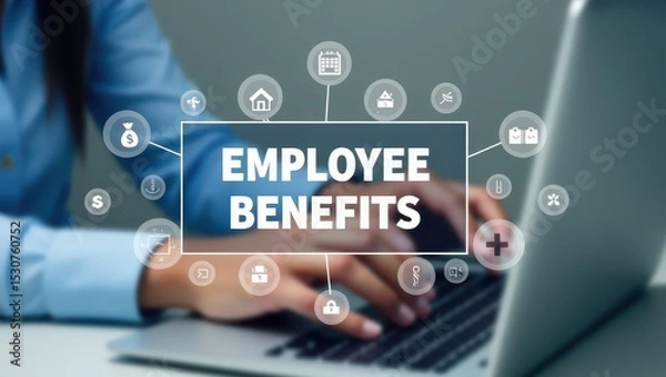 Fototapeta Employee benefits displayed on a laptop screen.