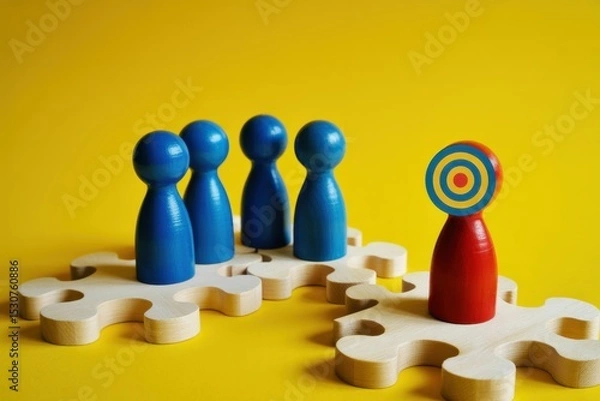 Fototapeta Wooden figures on puzzle pieces, highlighting a target.