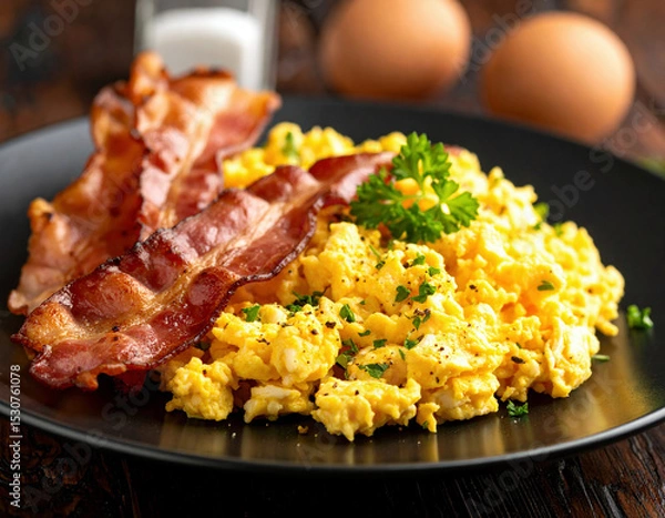 Fototapeta A delicious breakfast plate featuring fluffy scrambled eggs garnished with parsley and served alongside crispy bacon strips, placed on a dark plate with whole eggs in the background.