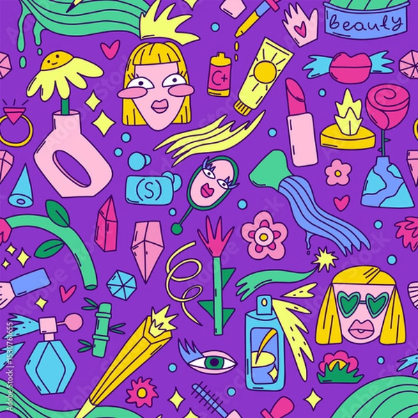 Fototapeta Hand-drawn seamless pattern in a bright, psychedelic naive doodle style. Artistic and surreal, this vibrant design features whimsical beauty and self-care elements like cosmetic bottles, shampoo, crea