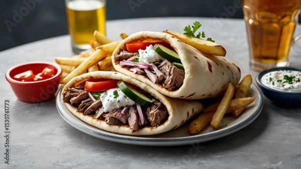 Obraz two greek gyros with shaved lamb and french fries.
