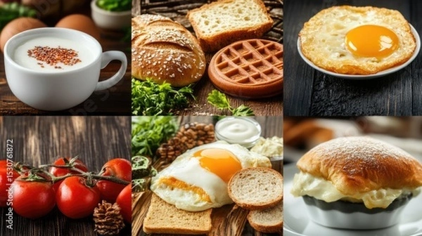 Fototapeta A breakfast spread featuring coffee, eggs, bread, waffles, and tomatoes on a wooden table. The scene showcases a variety of food items for a hearty meal. collage