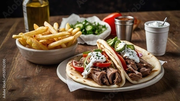Obraz two greek gyros with shaved lamb and french fries.
