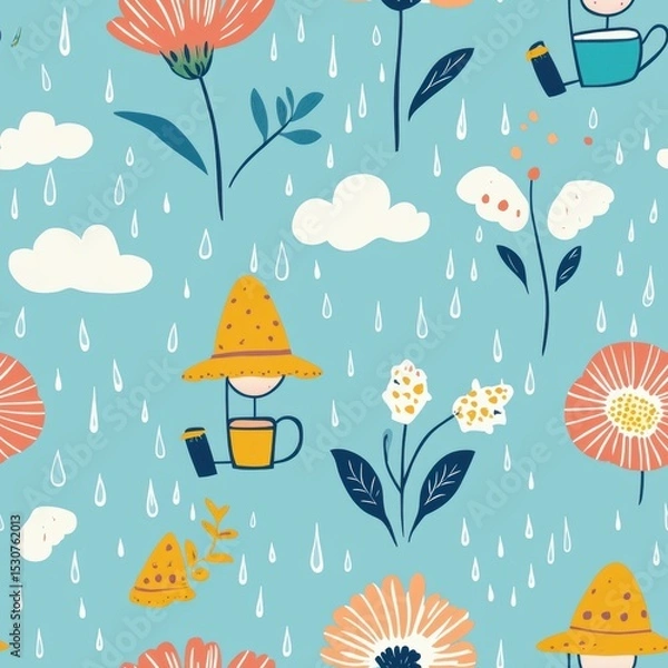 Fototapeta Whimsical flowers with tiny hats, holding little watering cans, with raindrops and clouds scattered in a gardening-themed pattern