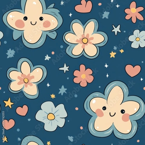 Fototapeta Kawaii-style flowers with big petals and blushing cheeks, scattered with hearts, stars, and swirls in a romantic floral pattern