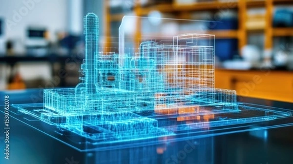 Obraz A 3D holographic model of a modern industrial building displayed on a table in a laboratory. The structure features intricate details and glowing lines.