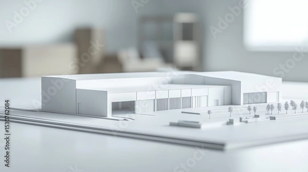 Fototapeta A detailed architectural model of a modern building. The model features clean lines and a minimalist design, set on a white surface with a blurred background.