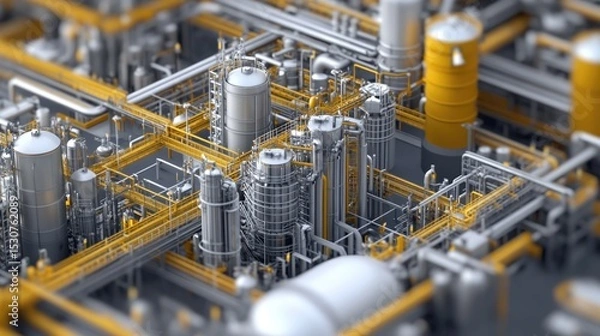 Fototapeta Industrial facility with complex piping and storage tanks. Metallic structures and yellow pipelines create a detailed network. Focus on manufacturing and engineering.