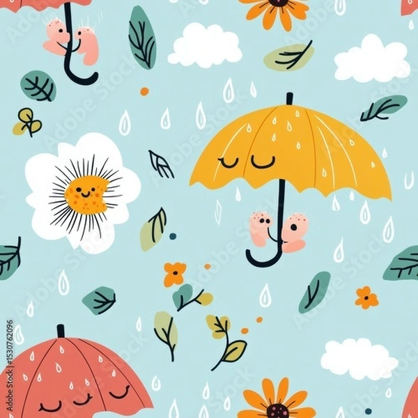 Fototapeta Happy flowers holding tiny umbrellas, with raindrops and little clouds scattered in a cute rainy-day design