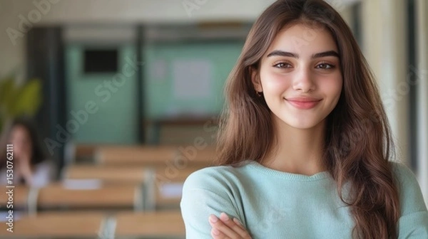 Fototapeta Young Middle  woman with long brown hair smiles confidently in a classroom setting. Desks and a green wall are visible in the background.