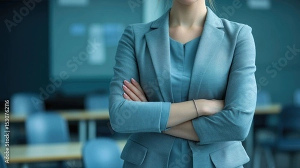 Fototapeta A young Caucasian woman stands confidently with her arms crossed in a classroom setting. She wears a gray suit and has long brown hair.