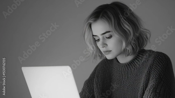 Fototapeta Young Caucasian woman with short wavy hair, focused on a laptop screen in a dimly lit room. She wears a cozy sweater, creating a calm atmosphere.