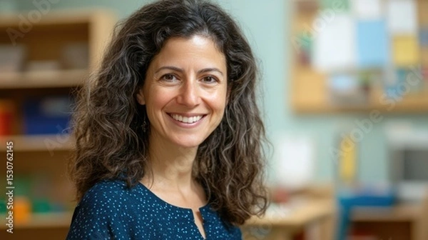 Fototapeta Smiling Middle-Eastern woman teacher with curly hair in a classroom setting. She wears a blue patterned shirt. Background features educational materials and wooden furniture.