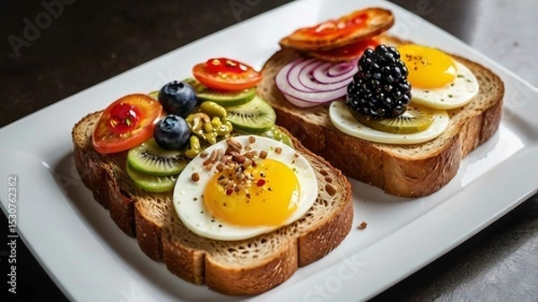 Obraz Variety of bread toast with toppings for breakfast.