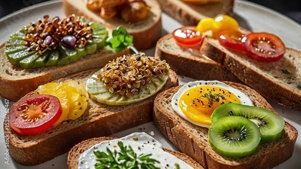 Obraz Variety of bread toast with toppings for breakfast.