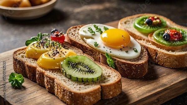 Obraz Variety of bread toast with toppings for breakfast.