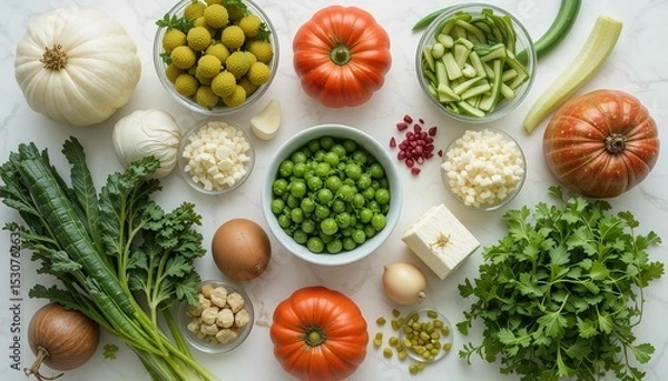 Obraz Various fresh vegetables ingredients for salad on a white table.