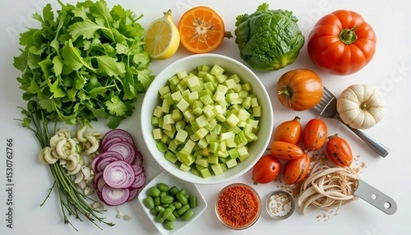 Obraz Various fresh vegetables ingredients for salad on a white table.