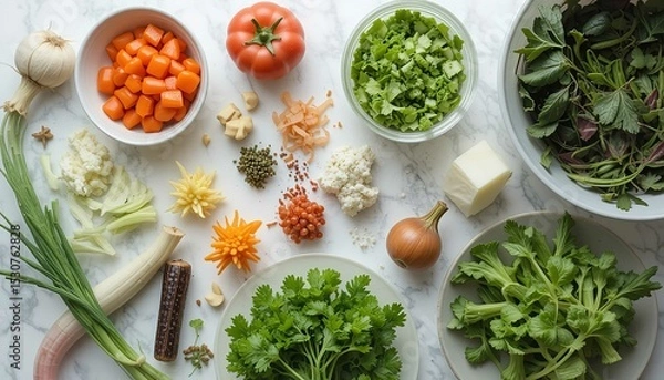 Obraz Various fresh vegetables ingredients for salad on a white table.