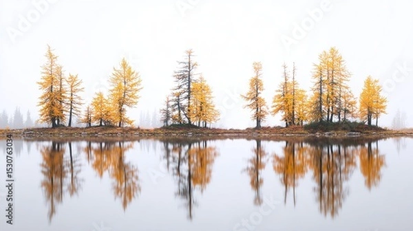Fototapeta On a hazy autumn morning, larch trees stand on calm waters, orange and yellow hues contrasting with the white sky, creating a tranquil natural beauty.