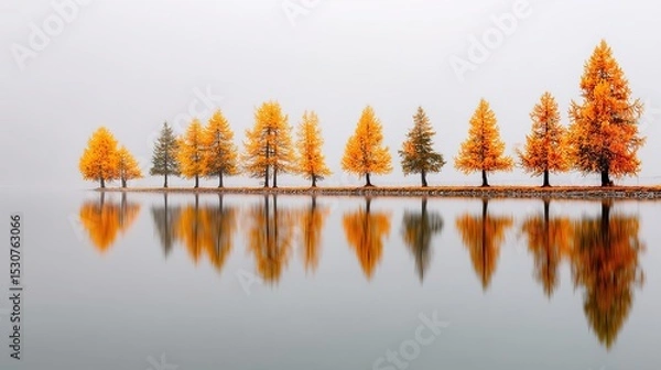 Fototapeta On a hazy autumn morning, larch trees stand on calm waters, orange and yellow hues contrasting with the white sky, creating a tranquil natural beauty.