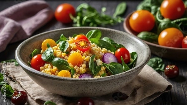 Obraz Vegetable Millet salad with red onion, cherry tomatoes and spinach.