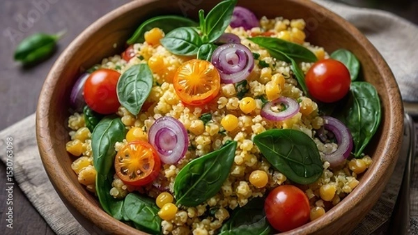 Obraz Vegetable Millet salad with red onion, cherry tomatoes and spinach.