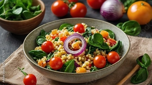 Obraz Vegetable Millet salad with red onion, cherry tomatoes and spinach.