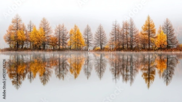 Fototapeta On a hazy autumn morning, larch trees stand on calm waters, orange and yellow hues contrasting with the white sky, creating a tranquil natural beauty.
