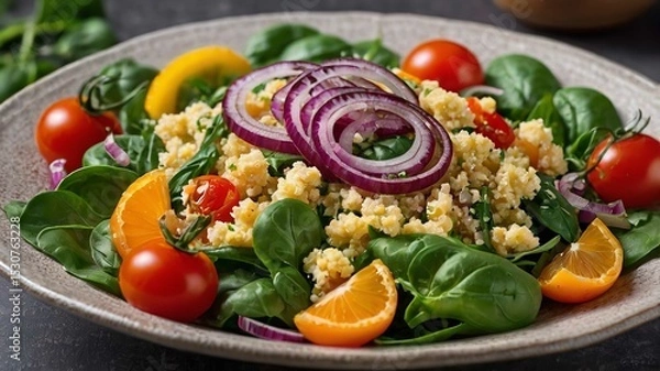 Obraz Vegetable Millet salad with red onion, cherry tomatoes and spinach.