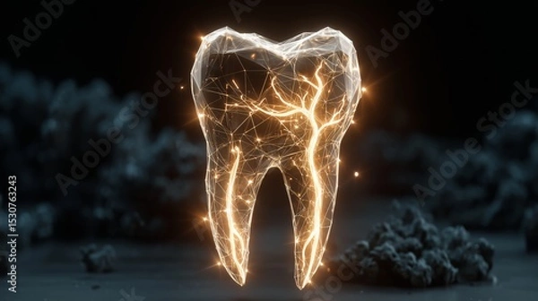 Fototapeta A detailed depiction of a tooth displaying its inner structure with glowing roots, demonstrating the nerve connections and health aspects of human dentistry in a captivating manner.