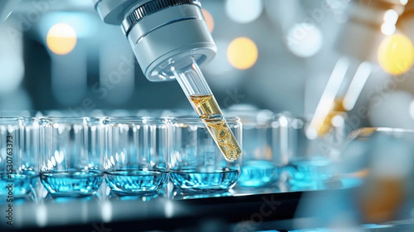 Fototapeta Close up of pipette dispensing liquid into glass vials modern laboratory setting, showcasing advanced technology and precision
