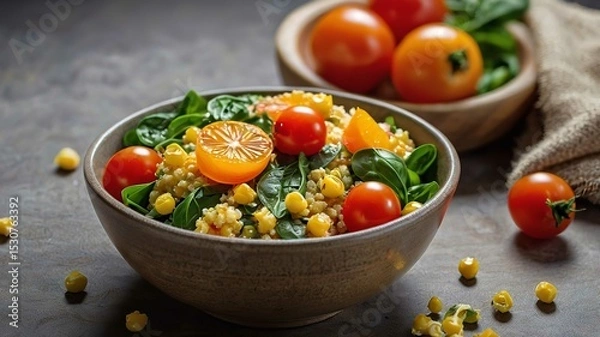 Obraz Vegetable Millet salad with red onion, cherry tomatoes, spinach and tangerine.