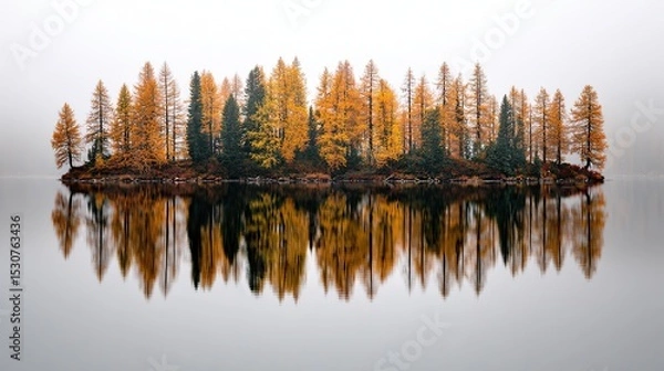 Fototapeta On a hazy autumn morning, larch trees stand on calm waters, orange and yellow hues contrasting with the white sky, creating a tranquil natural beauty.