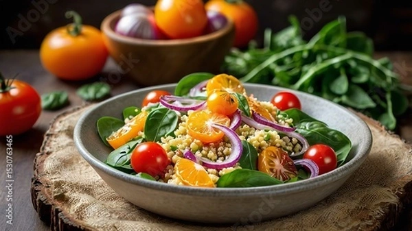 Obraz Vegetable Millet salad with red onion, cherry tomatoes, spinach and tangerine.