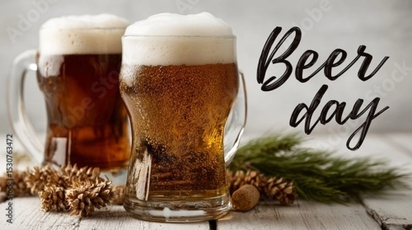 Fototapeta Celebrate beer day with frosty mugs filled with refreshing brews and festive decorations