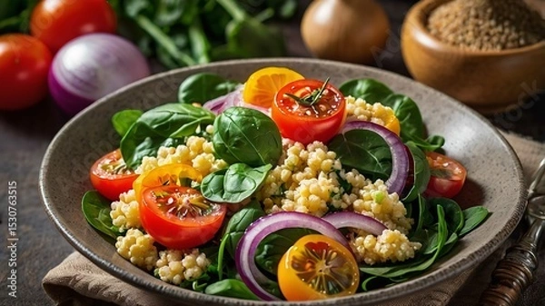Obraz Vegetable Millet salad with red onion, cherry tomatoes, spinach and tangerine.