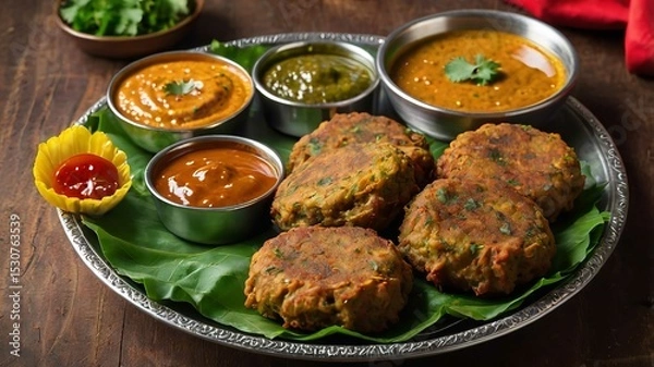 Obraz Vegetable Pakora or shami kabab tikki with chutney, sauce and dip served in dish.