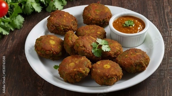 Obraz Vegetable Pakora or shami kabab tikki with chutney, sauce and dip served in dish.