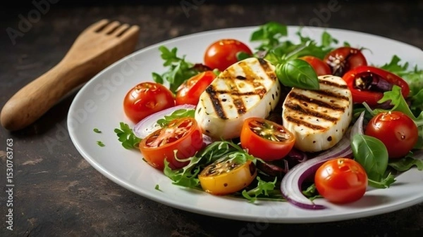 Obraz Vegetable salad cherry tomatoes, baked pepper, salad mix and onion with grilled haloumi cheese.