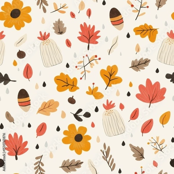 Fototapeta Chubby flowers wearing tiny scarves, surrounded by leaves, acorns, and raindrops in a cozy autumn-themed pattern