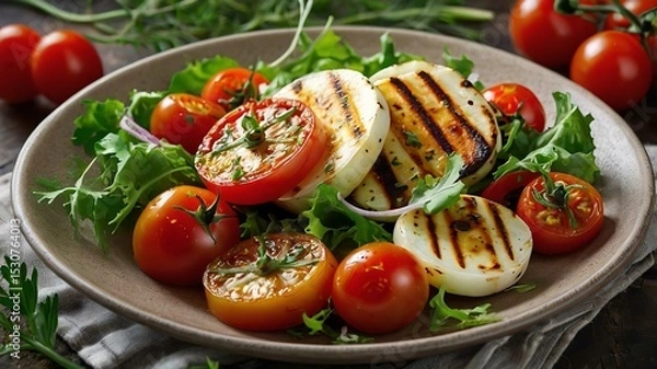 Obraz Vegetable salad cherry tomatoes, baked pepper, salad mix and onion with grilled haloumi cheese.