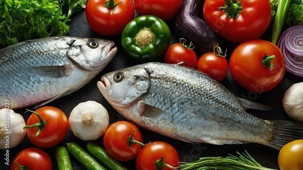 Obraz Vegetables and fish healthy food.