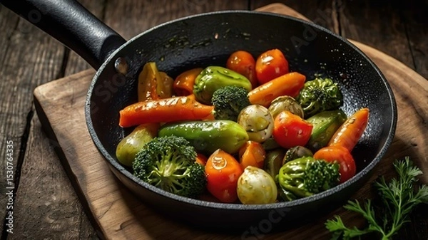 Obraz Vegetables filled with black frying pan