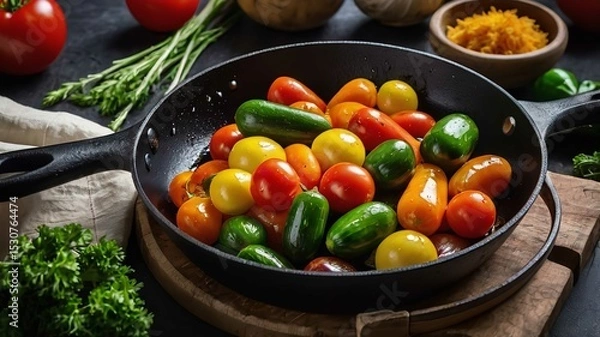 Obraz Vegetables filled with black frying pan