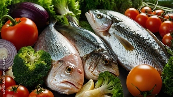 Obraz Vegetables and fish healthy food.