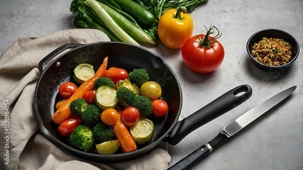 Obraz Vegetables filled with black frying pan