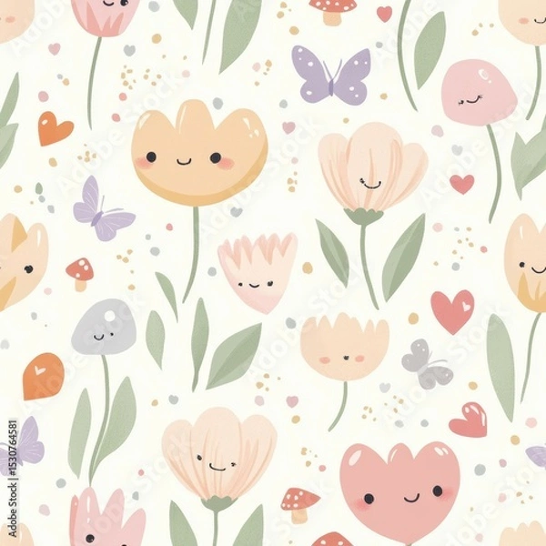 Fototapeta Cute tulips and daisies with faces, surrounded by tiny butterflies, hearts, and mushrooms in a soft pastel floral design